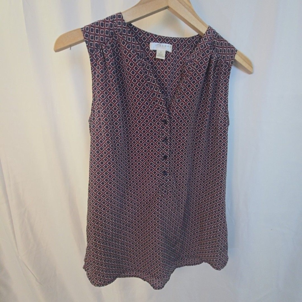 Kenar Blouse Womens Small Blue Geometric Sleeveless V Neck Button Front Top